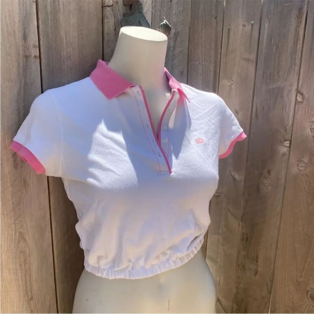 Pink and White Women's Y2K Polo Ralph Lauren Crop Top